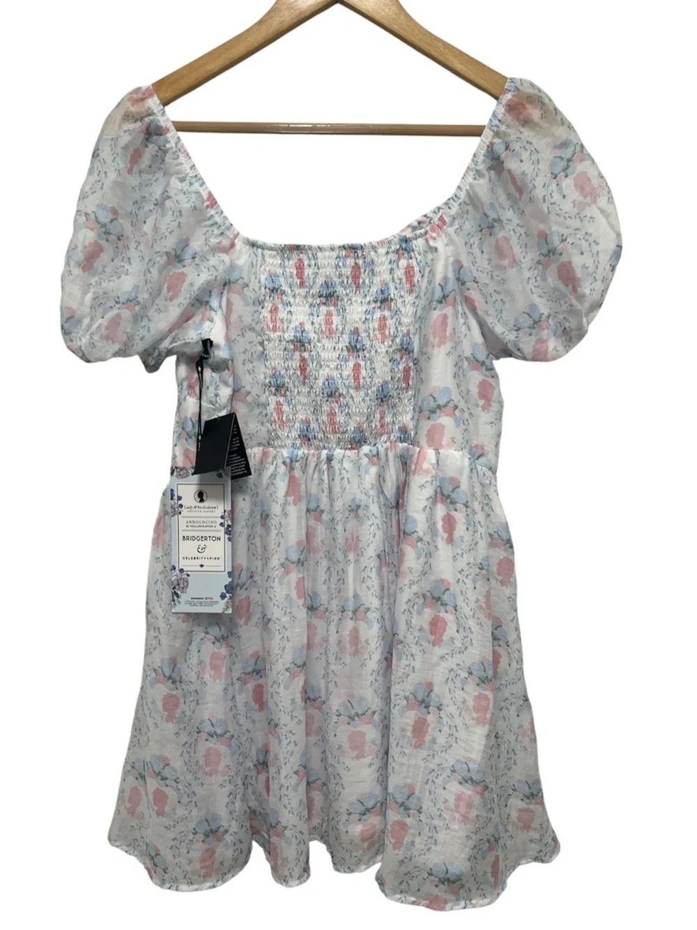 Bridgerton Celebrity Pink Lady Whistledown Puff Sleeve Mini Dress in Cameo Sz L